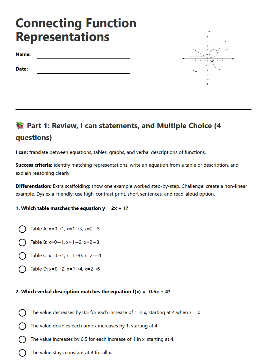Connecting Function Representations — Free Printable Worksheet for ...