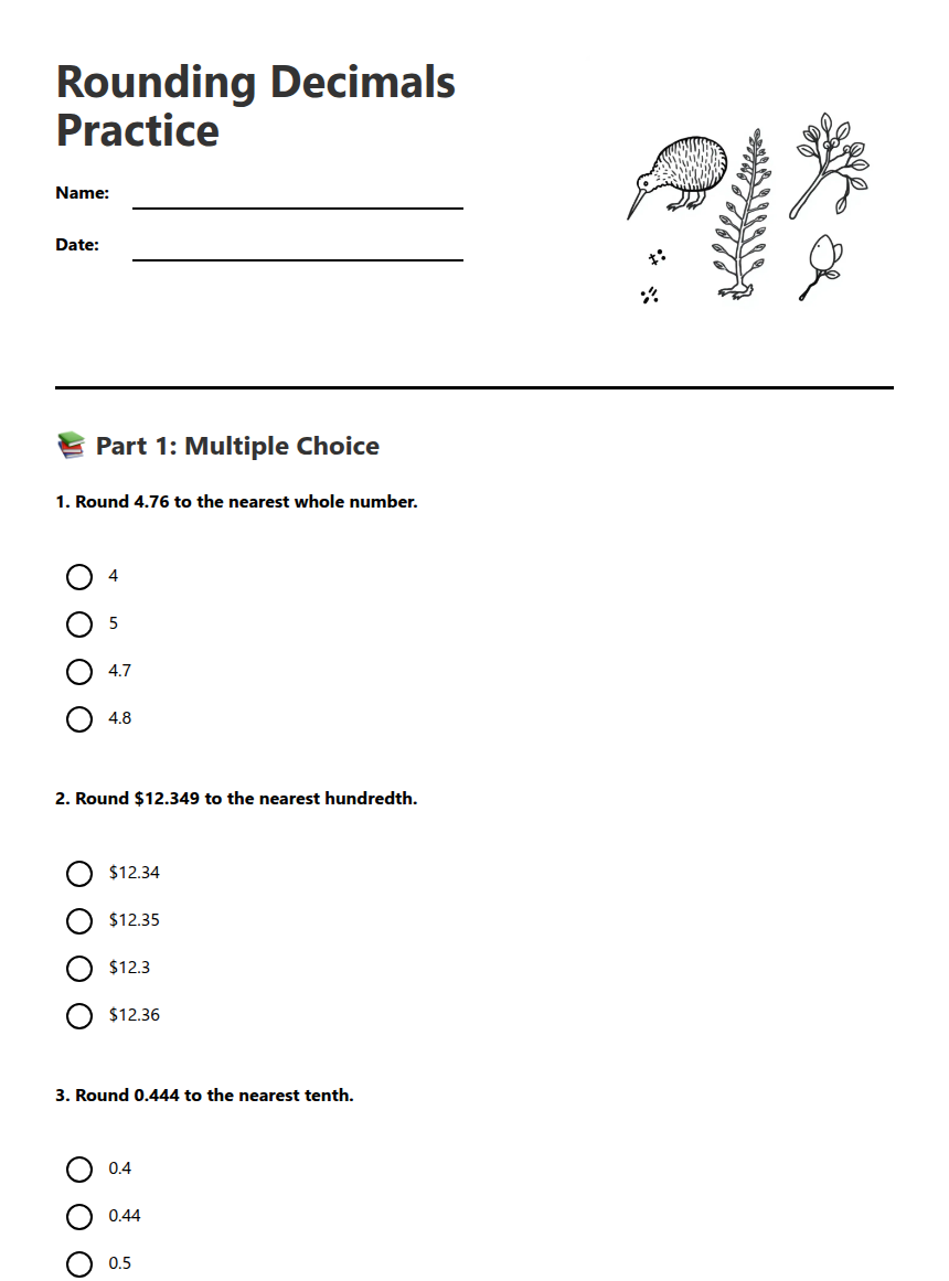 Rounding Decimals Practice — Free Printable Worksheet for Maths | Kuraplan