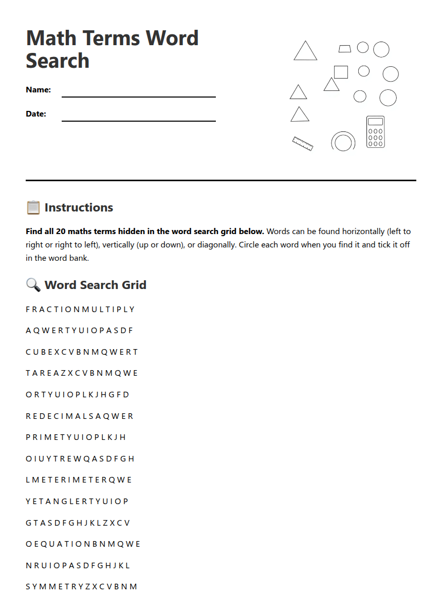 Math Terms Word Search — Free Printable Worksheet for Maths | Kuraplan