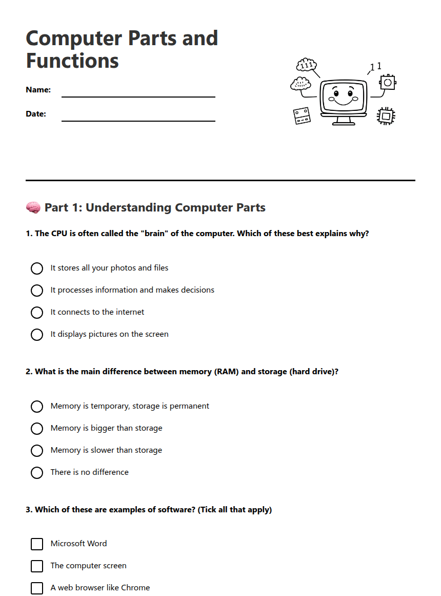 Computer Parts and Functions — Free Printable Worksheet for Technology ...