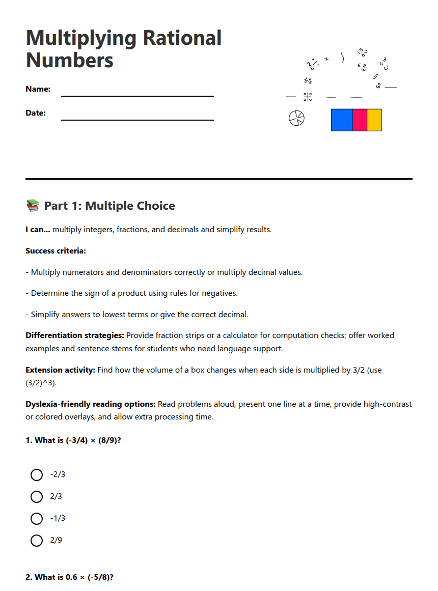 Multiplying Rational Numbers — Free Printable Worksheet for Mathematics ...