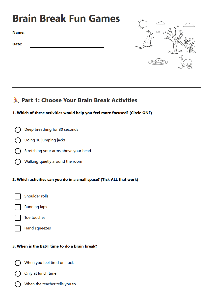 Brain Break Fun Games — Free Printable Worksheet for PE | Kuraplan