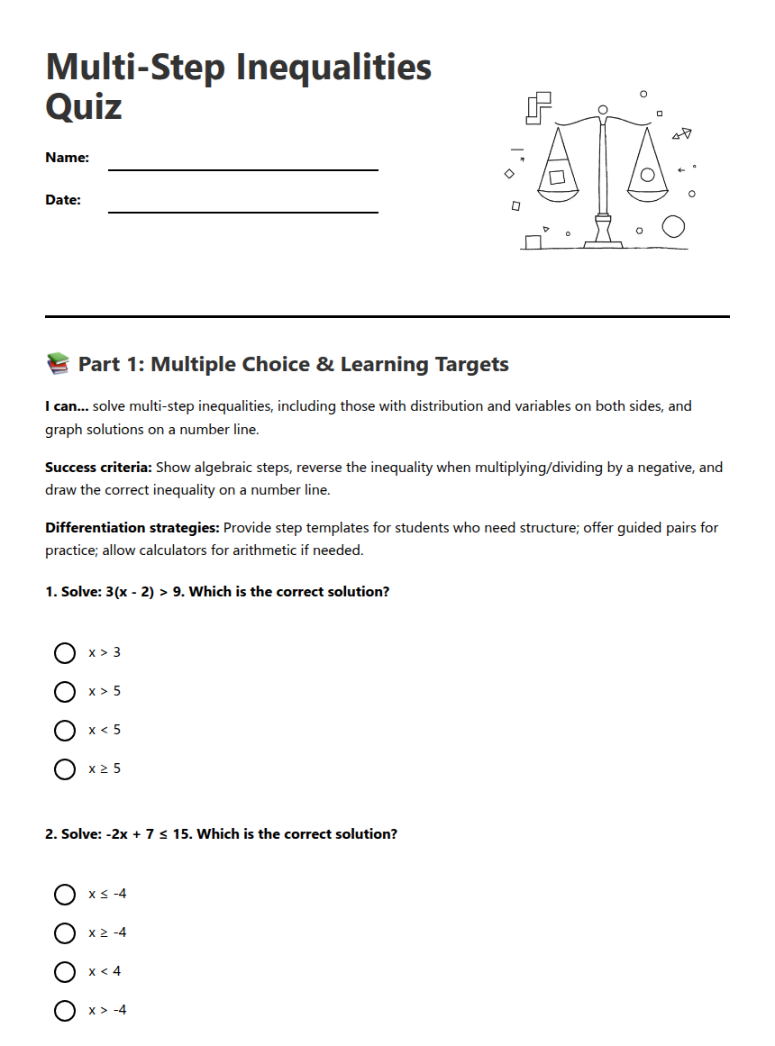 Multi-Step Inequalities Quiz | Kuraplan