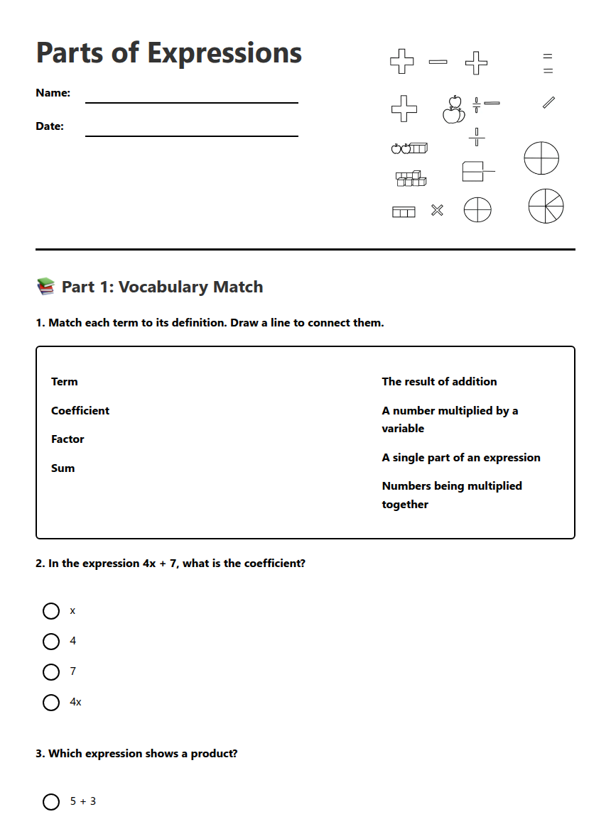 Parts of Expressions — Free Printable Worksheet for Mathematics | Kuraplan