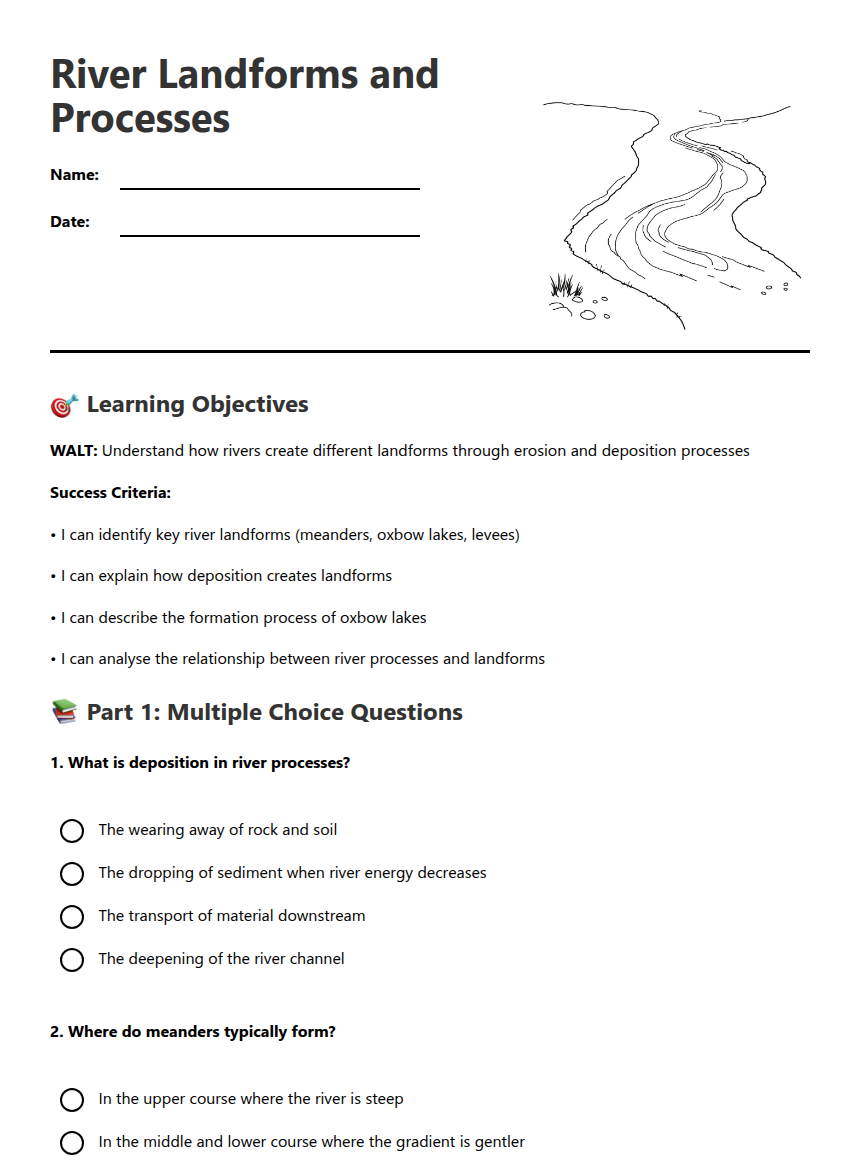 River Fieldwork Worksheet.pdf River Landforms and Processes — Free Printable Worksheet for Geography ...