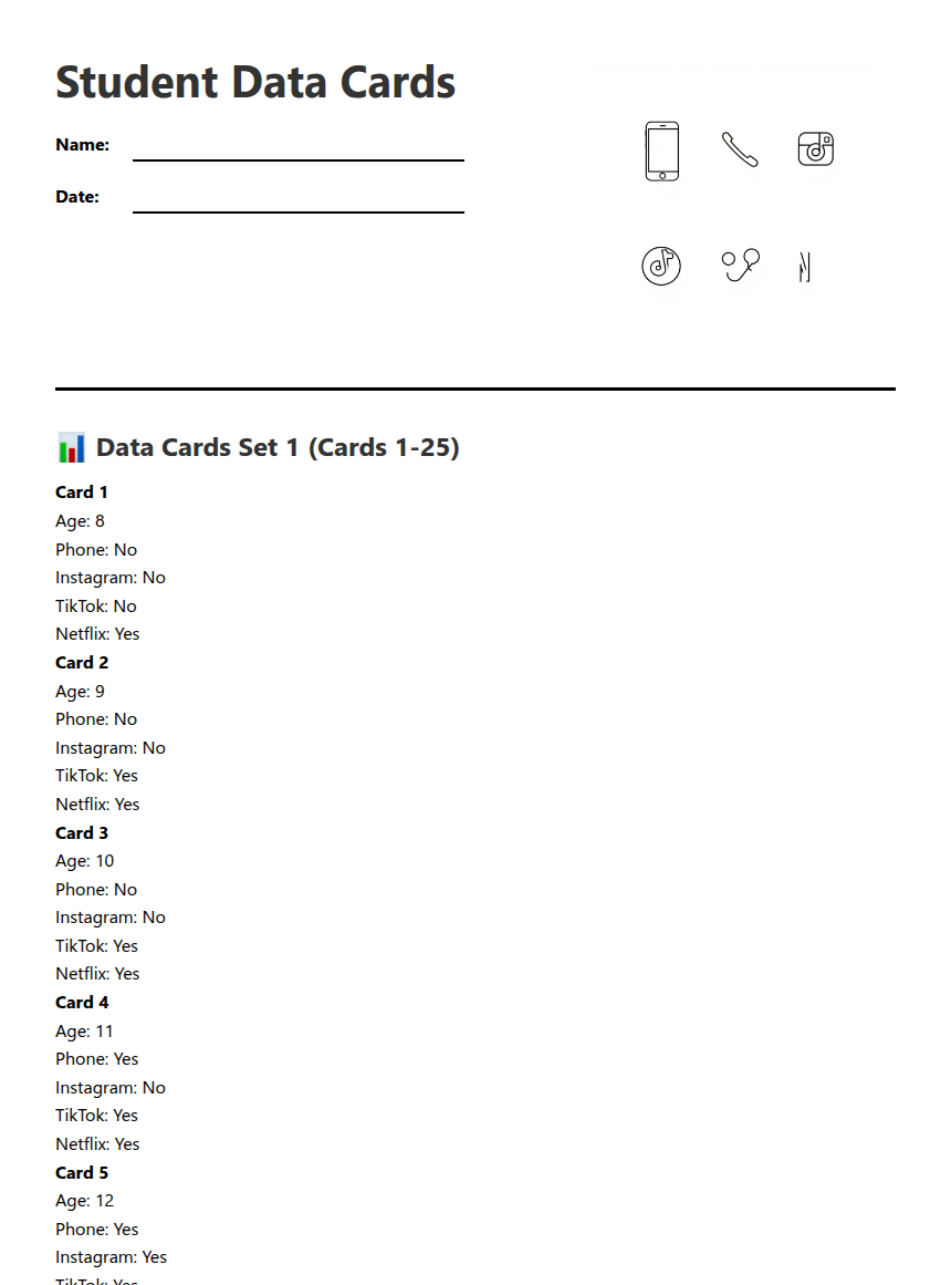 Student Data Cards — Free Printable Worksheet for Maths | Kuraplan