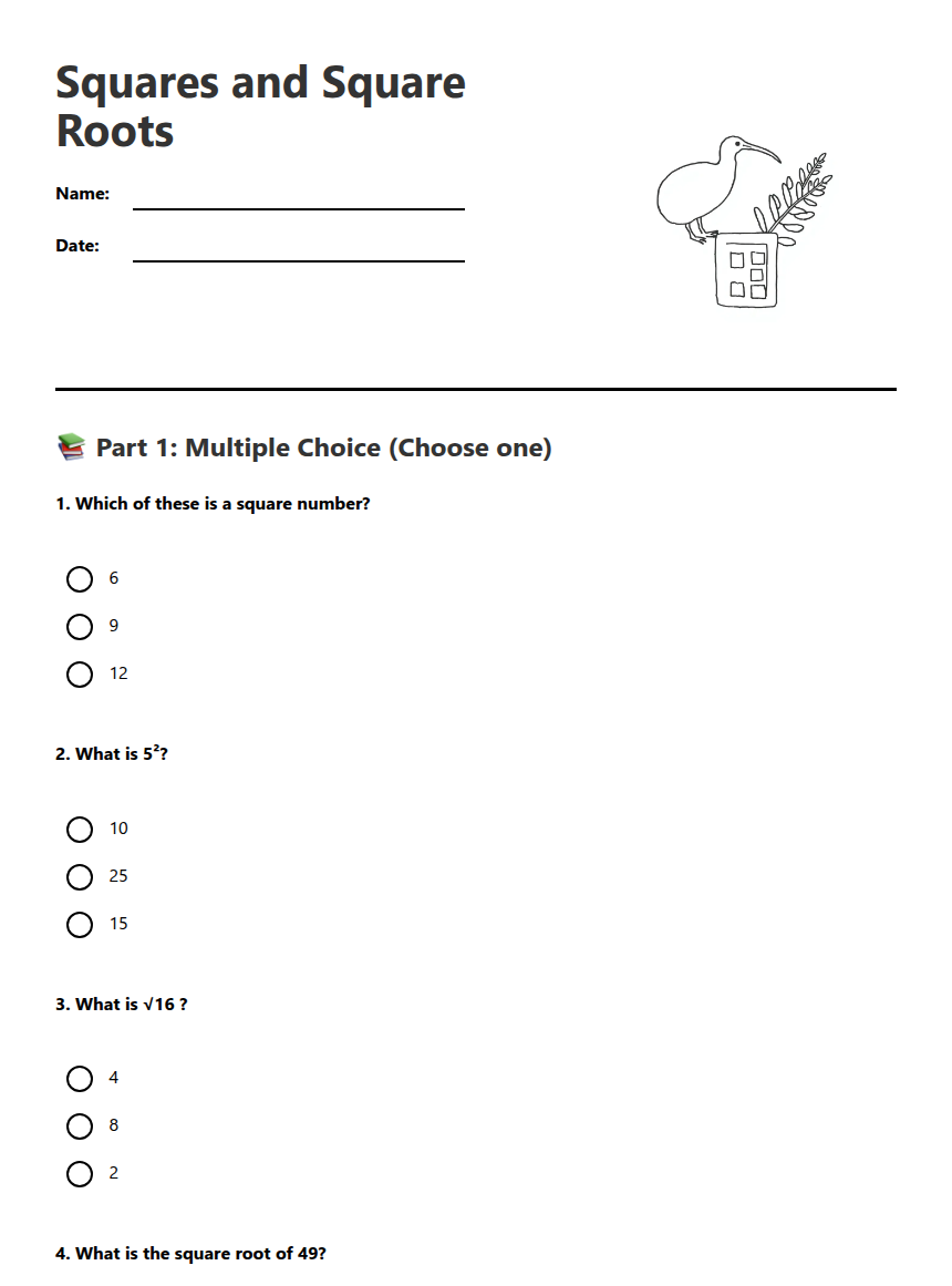 Square Roots Printables Squares and Square Roots — Free Printable Worksheet for Maths | Kuraplan