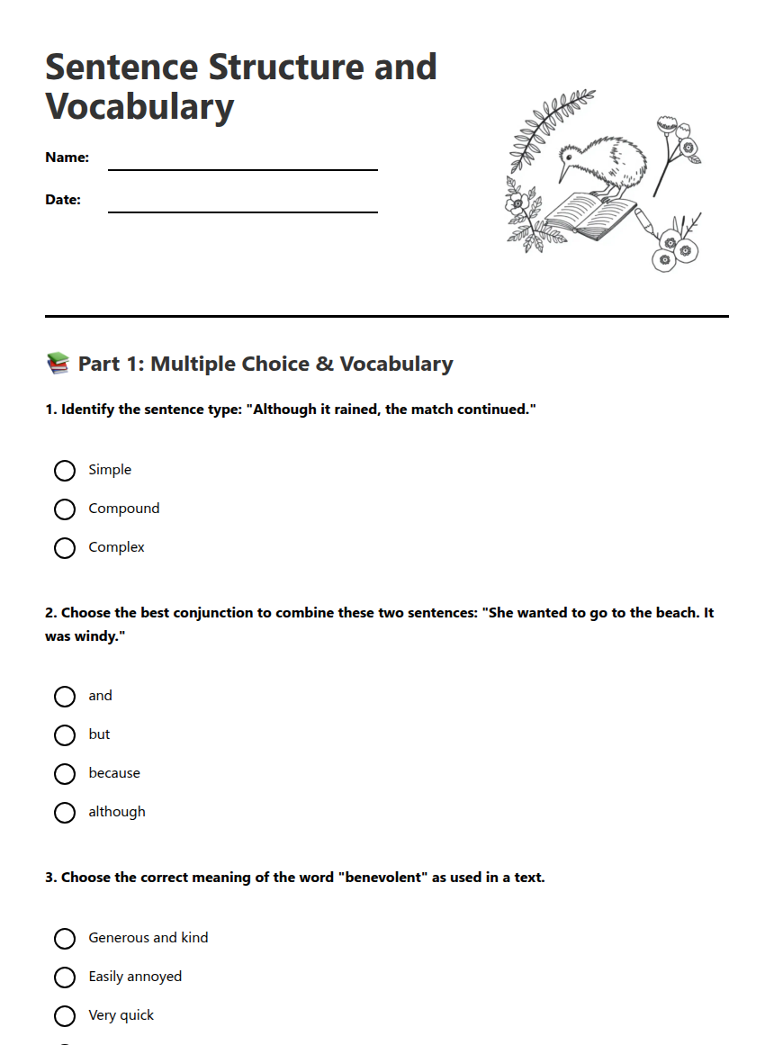 Sentence Structure and Vocabulary — Free Printable Worksheet for ...