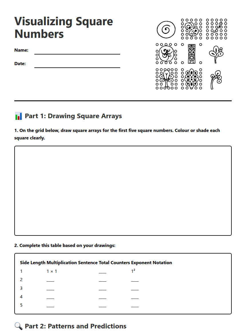 Visualizing Square Numbers — Free Printable Worksheet for Maths | Kuraplan