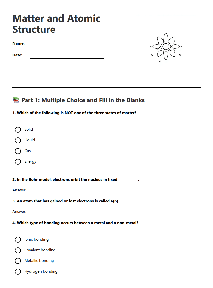 Matter and Atomic Structure — Free Printable Worksheet for Science ...