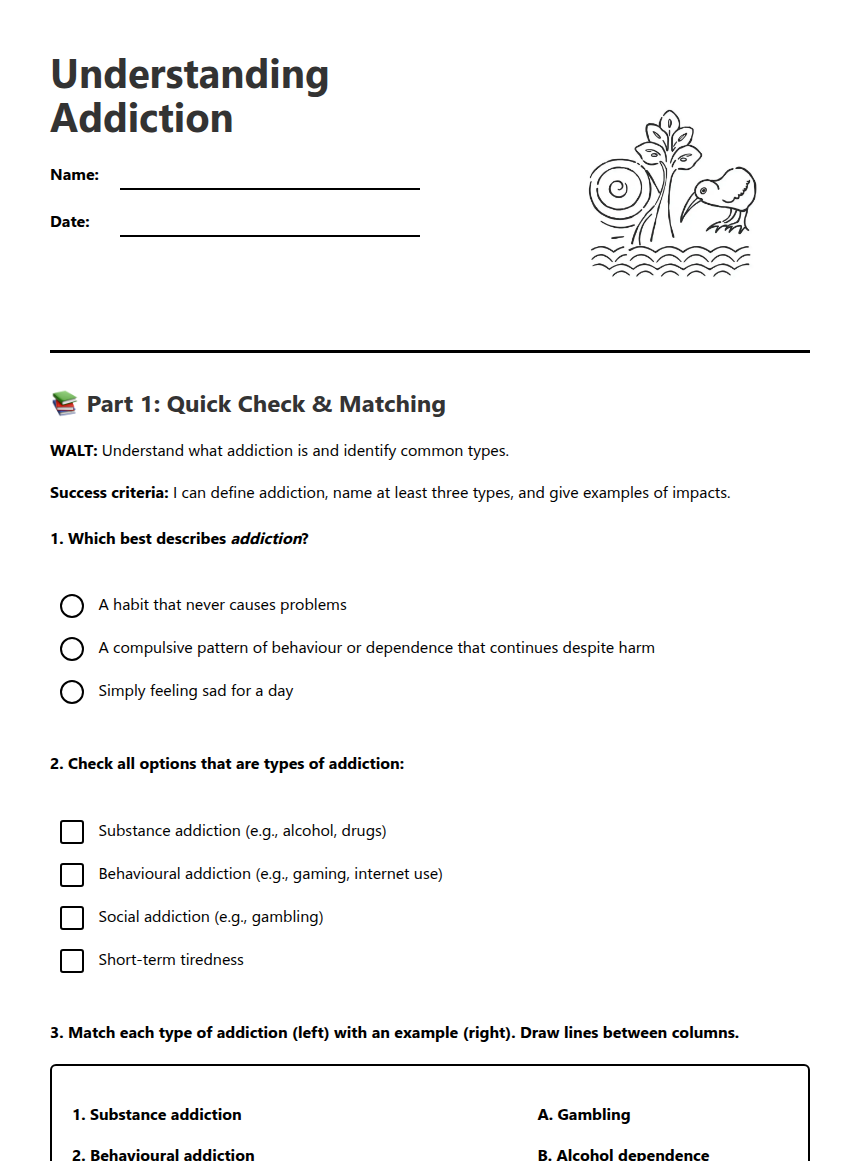 Complementary Addiction Number Line Worksheet.pdf Understanding Addiction — Free Printable Worksheet for Health | Kuraplan