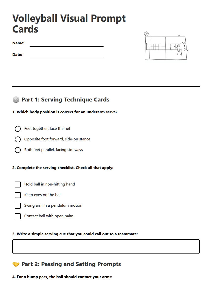 Volleyball Visual Prompt Cards — Free Printable Worksheet for PE | Kuraplan