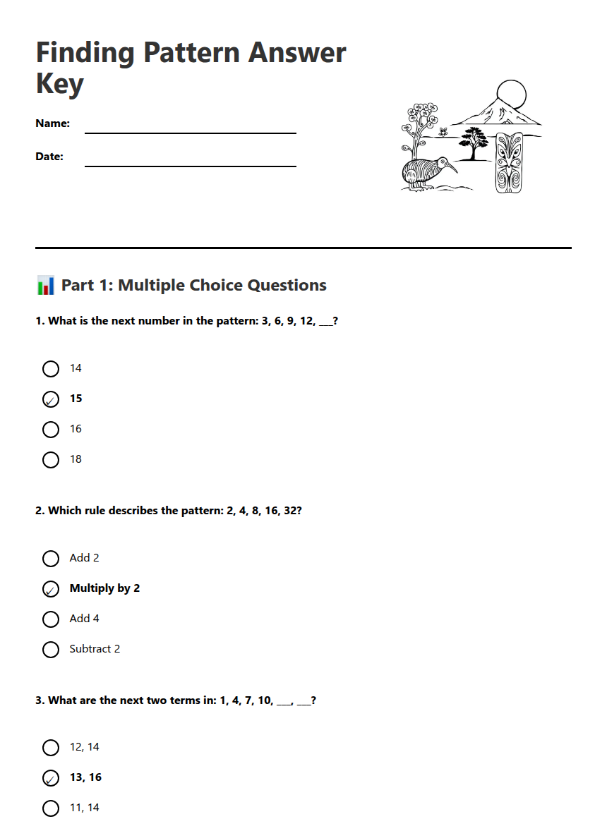 Finding Pattern Answer Key — Free Printable Worksheet for Maths | Kuraplan
