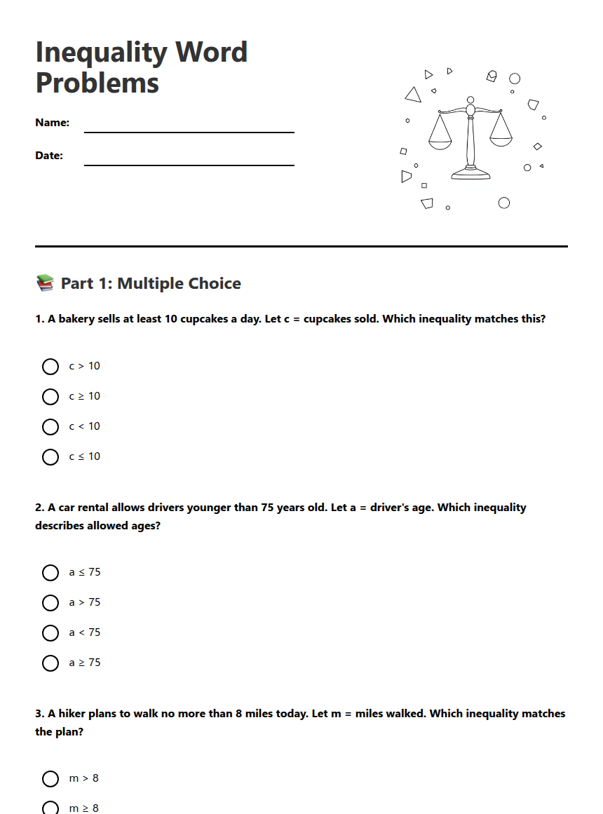 Inequality Word Problems — Free Printable Worksheet for Mathematics ...