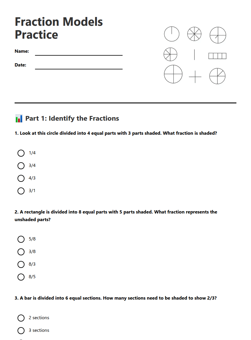 Fraction Models Practice — Free Printable Worksheet for Mathematics ...