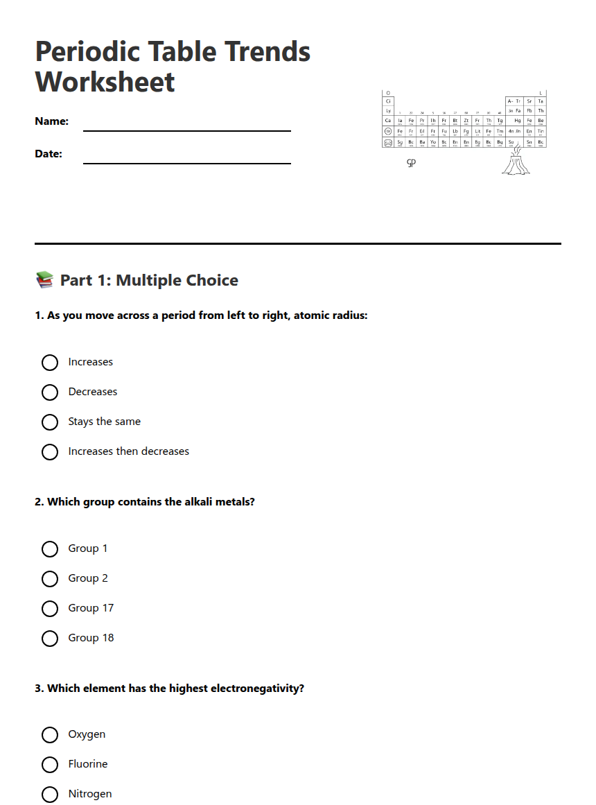 Periodic Table Trends Worksheet — Free Printable Worksheet for Science ...