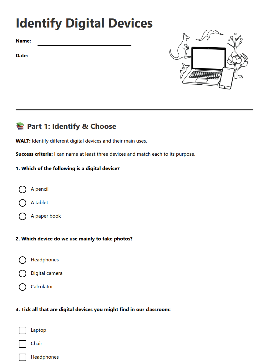 Identify Digital Devices — Free Printable Worksheet for Technology ...