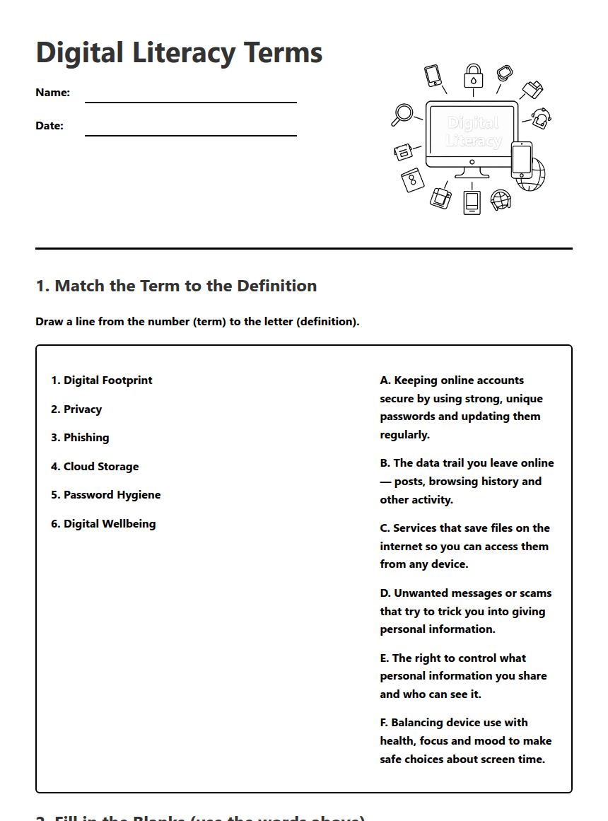 Digital Literacy Terms — Free Printable Worksheet for Technology | Kuraplan