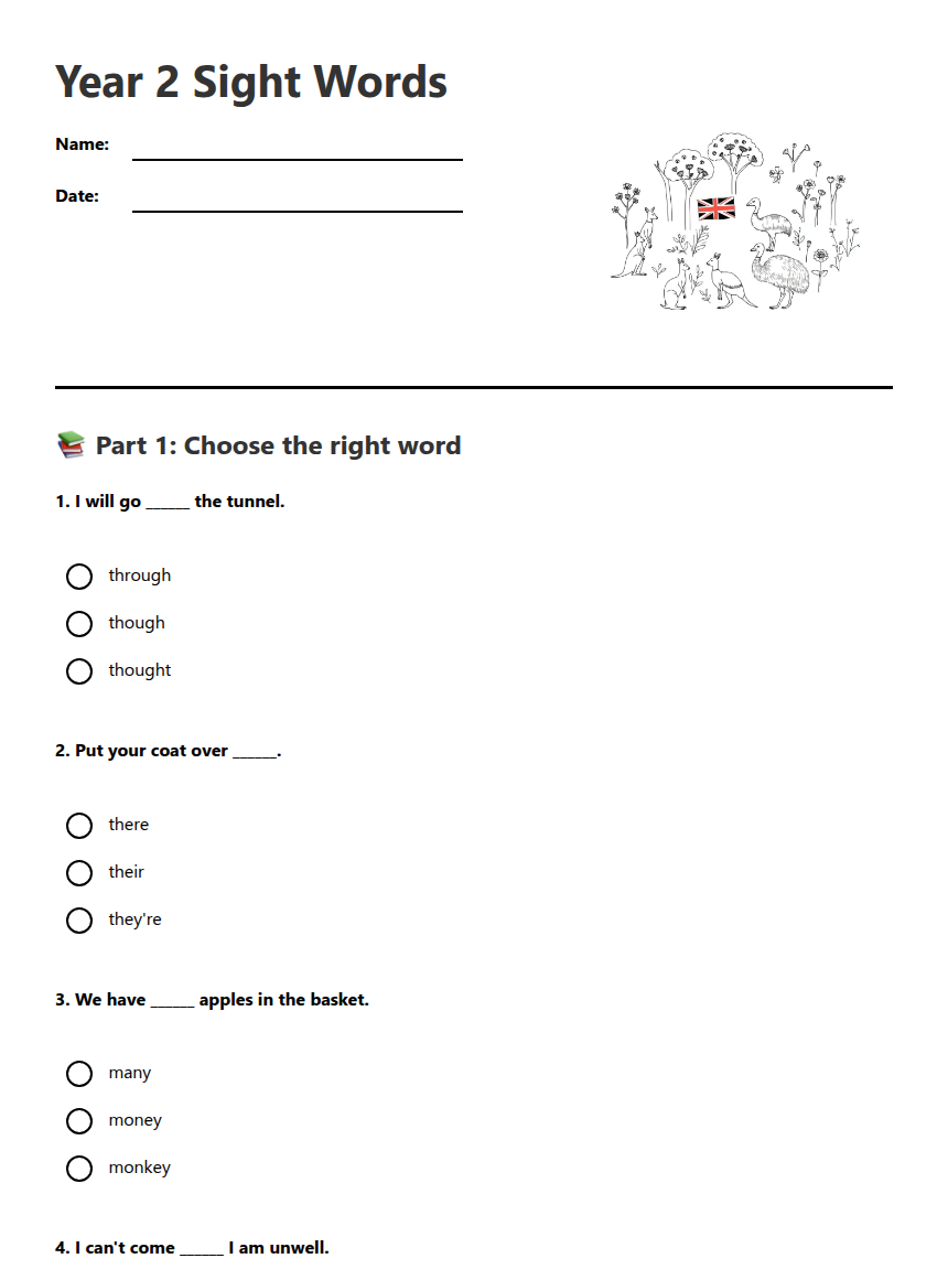Year 2 Sight Words — Free Printable Worksheet for English | Kuraplan