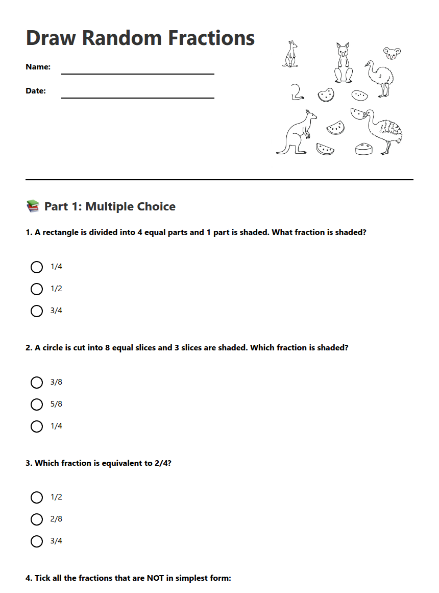 Draw Random Fractions — Free Printable Worksheet for Mathematics | Kuraplan