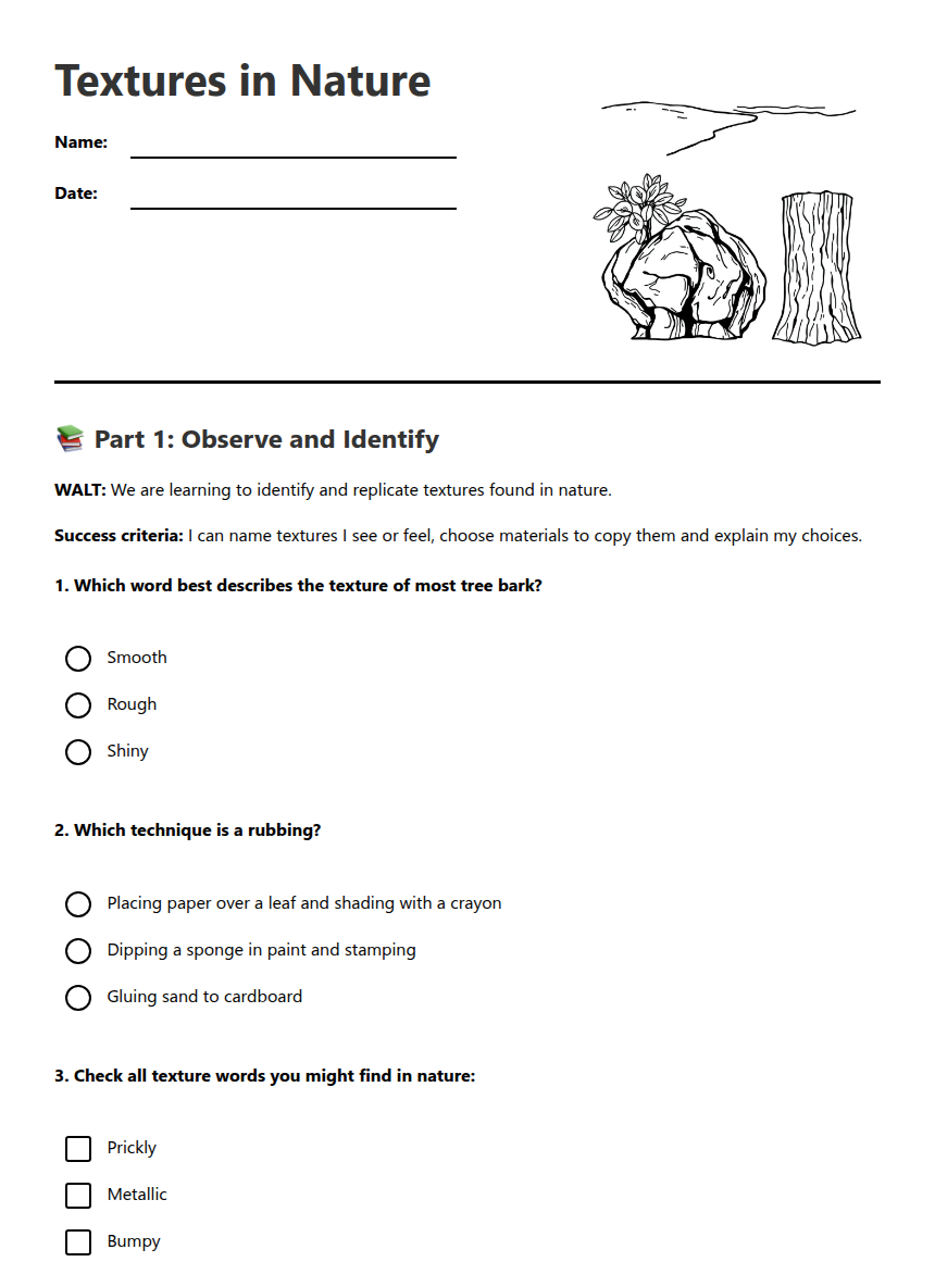Textures in Nature — Free Printable Worksheet for Art | Kuraplan
