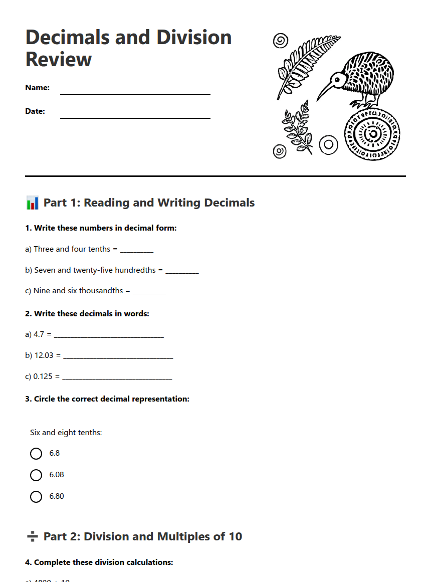 Decimals and Division Review — Free Printable Worksheet for Mathematics ...
