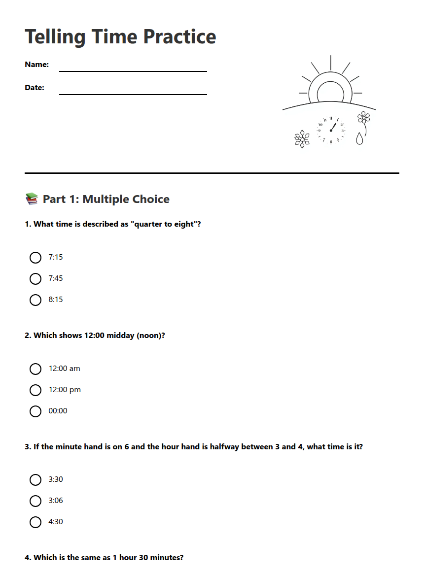Telling Time Practice — Free Printable Worksheet for Maths | Kuraplan