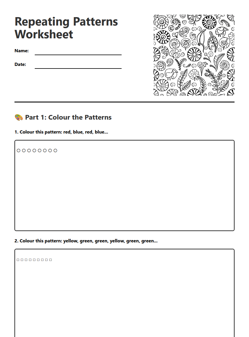 Repeat Pattern Worksheet Textiles Repeating Patterns Worksheet | Kuraplan