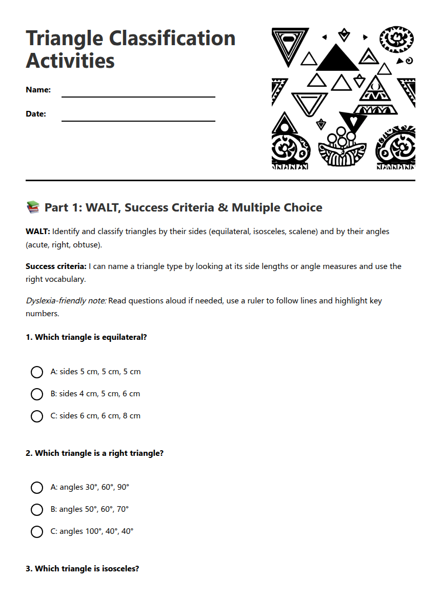 Triangle Classification Activities — Free Printable Worksheet for Maths ...