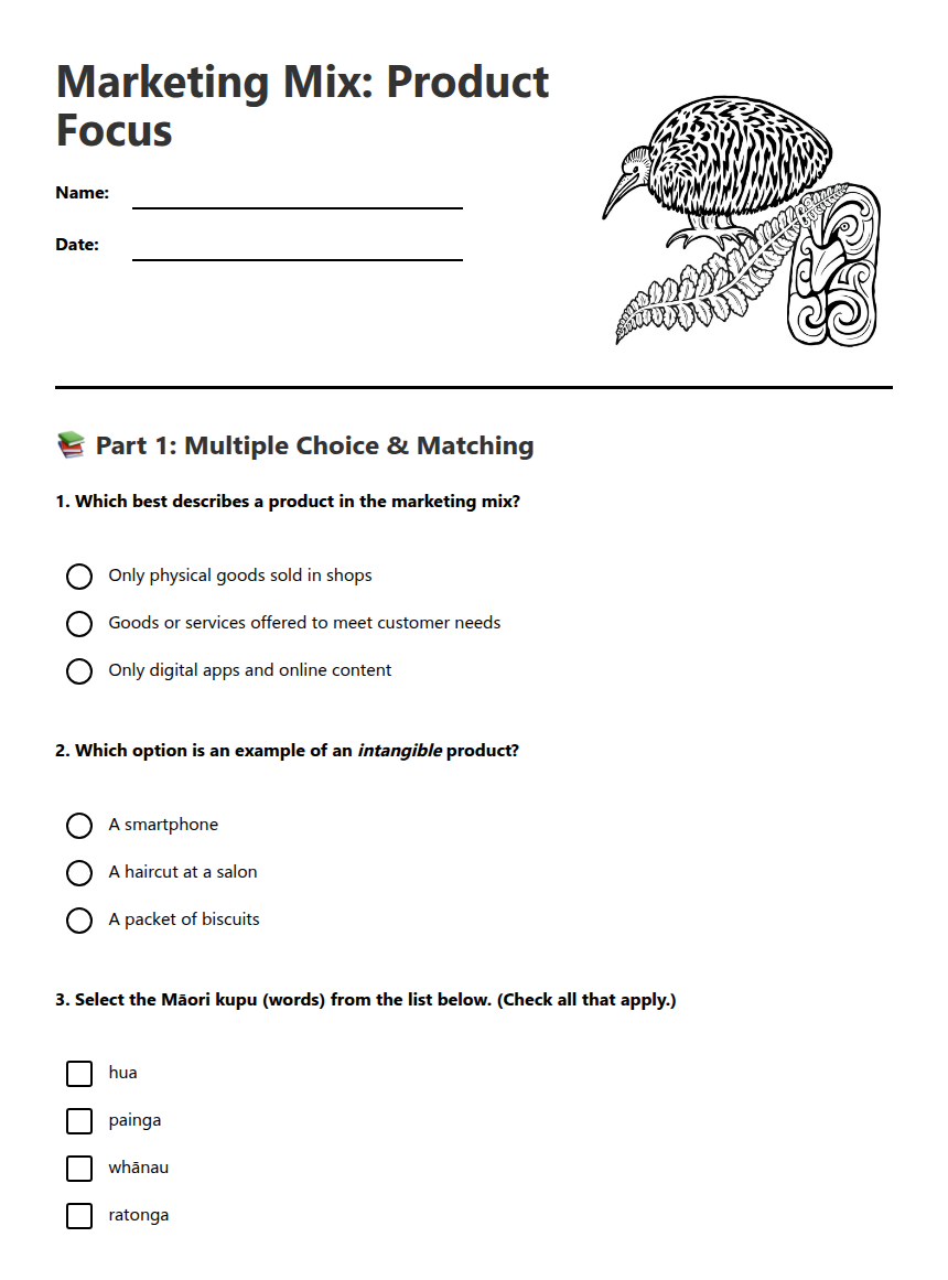 Product Mix Worksheet.pdf Marketing Mix: Product Focus | Kuraplan