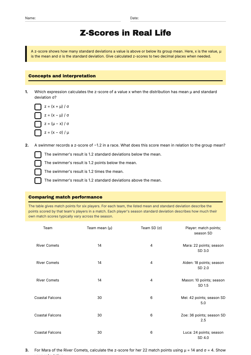 Z-Scores in Real Life — Free Printable Worksheet for Maths | Kuraplan