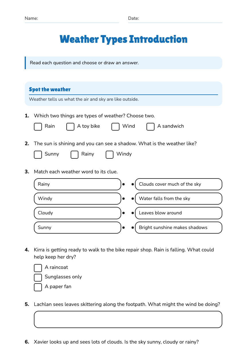 Weather Types Introduction — Free Printable Worksheet for Science